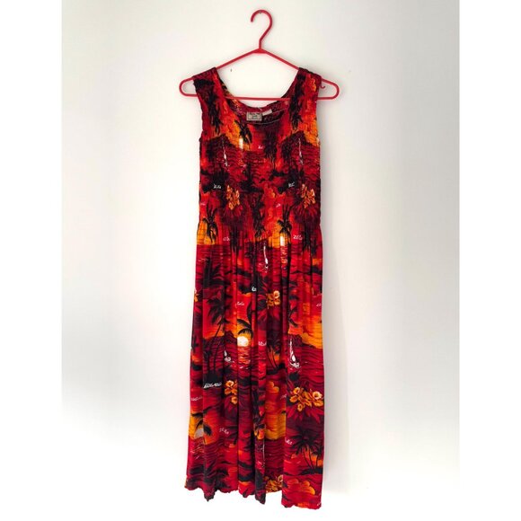 90s vintage red Hawaiian print beach vacation stretchy rayon cover up maxi dress - Picture 9 of 10